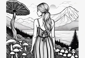 Straight blonde hair girl holding oyster mushrooms in hand facing away toward mountains surrounded by mushrooms black and white striped dress tattoo idea