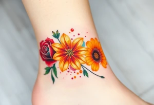 a colorful, vibrant, watercolor tattoo with one red rose, one orange lily, one gold marigold, and one orange cosmos flower and with splashes of color tattoo idea