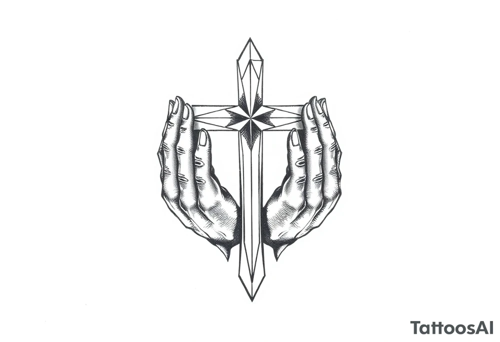cast all your anxiety on him because he cares for you" with a cross and hands tattoo idea