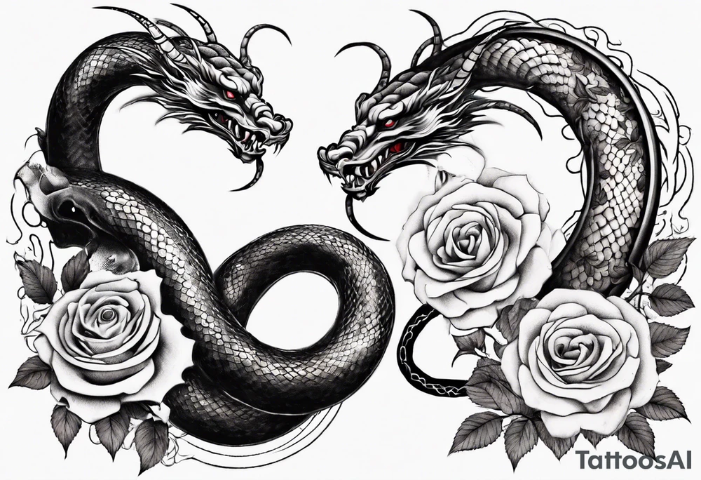 snake Japanese dragon playing with moon and roses tattoo idea