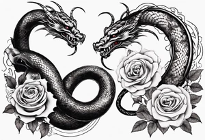 snake Japanese dragon playing with moon and roses tattoo idea