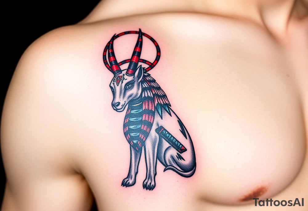 An Anubis with a Halo – Blending Egyptian mythology with Christian spirituality, symbolizing protection and righteousness (Red black and chrome blue are only colors possible) tattoo idea