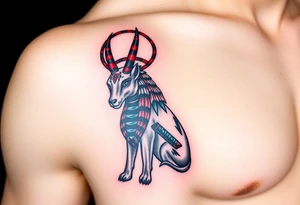 An Anubis with a Halo – Blending Egyptian mythology with Christian spirituality, symbolizing protection and righteousness (Red black and chrome blue are only colors possible) tattoo idea