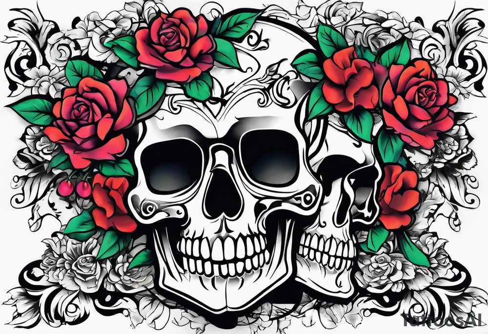neck tattoo stencil about pain and struggle in new school or polka trash style with flowers and/or skulls tattoo idea