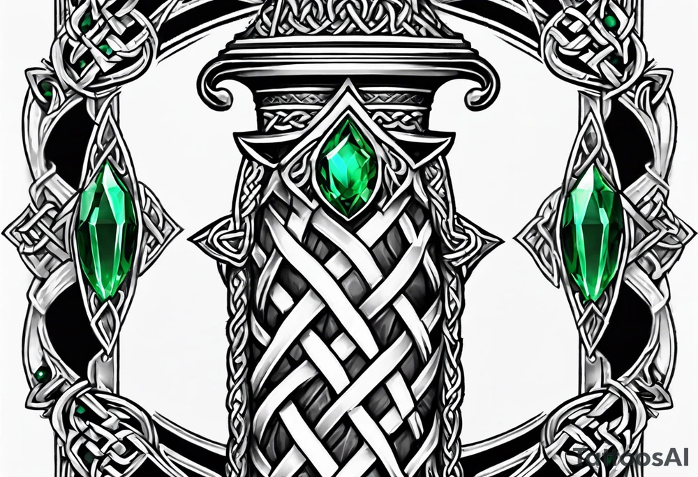 A Celtic dagger with an oak hilt turned upright and emerald gemstones on it tattoo idea