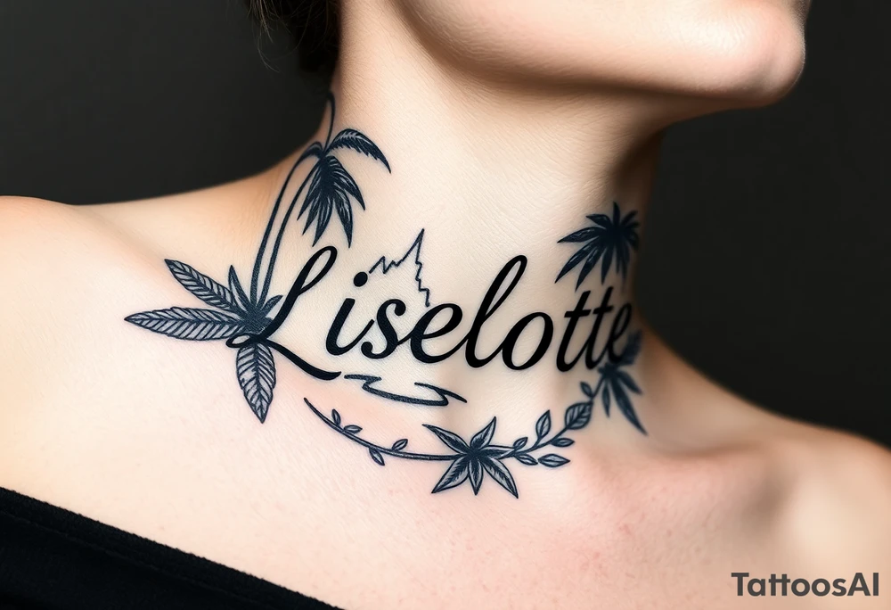 The name Liselotte surrounded by tropical scenery tattoo idea