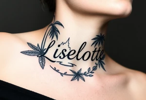 The name Liselotte surrounded by tropical scenery tattoo idea