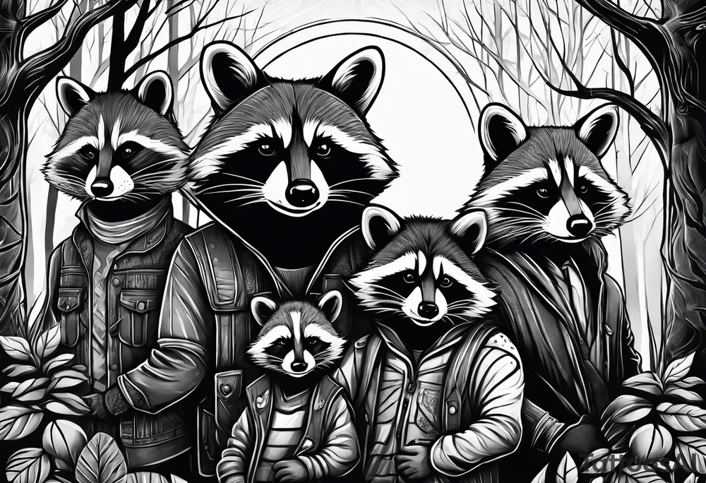 Very detailed Raccoon Husband with wife and 3 sons.
Background modern House between woods tattoo idea