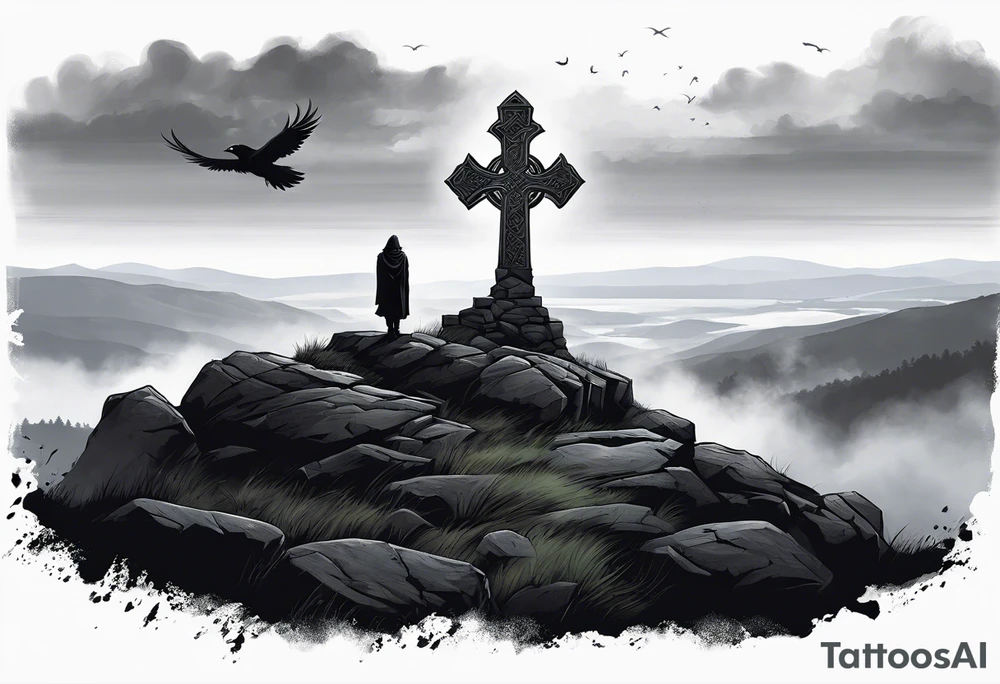 A stone Celtic cross solemnly standing atop a hill, a raven perches atop the cross staring out over the desolation. A ruined stone wall lies crumbling near the cross. Mist rolls along the hilltops adding to the melancholic nature of the scene tattoo idea