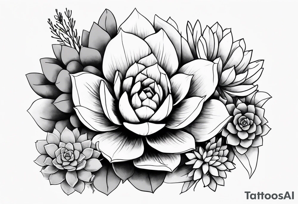 fine line. one big succulent in the middle. Two smaller succulents on the side. Dots and floral
. Sternum tattoo grey scale shading tattoo idea