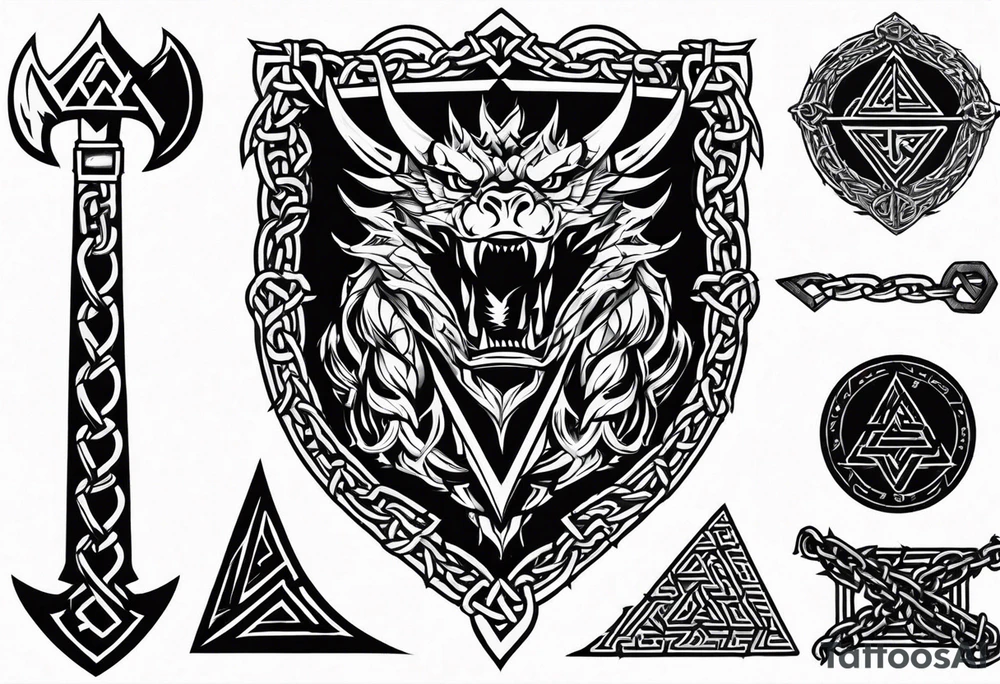 Valhalla sword shield axe barbed wire chains valknut fire dragon tattoo idea Valhalla sword shield axe barbed wire chains valknut fire dragon tattoo idea