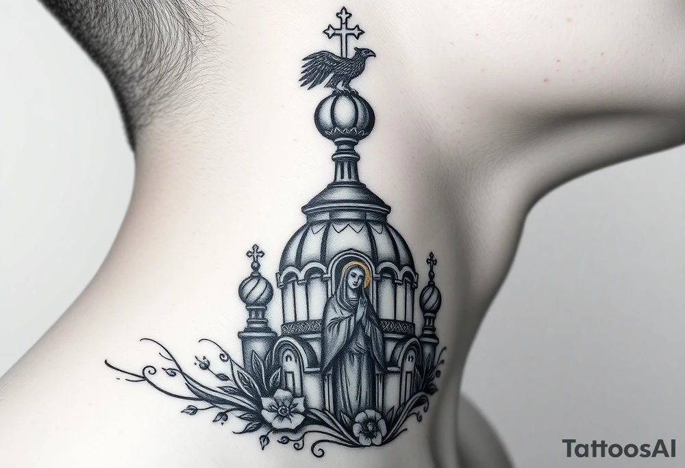 Flowing Scene

A onion dome orthodox church
Virgin Mary in prayer pose wrapping around the lower neck curve
A small double headed russian coat of arms eagle or just the star tucked above the dome near the hairline tattoo idea