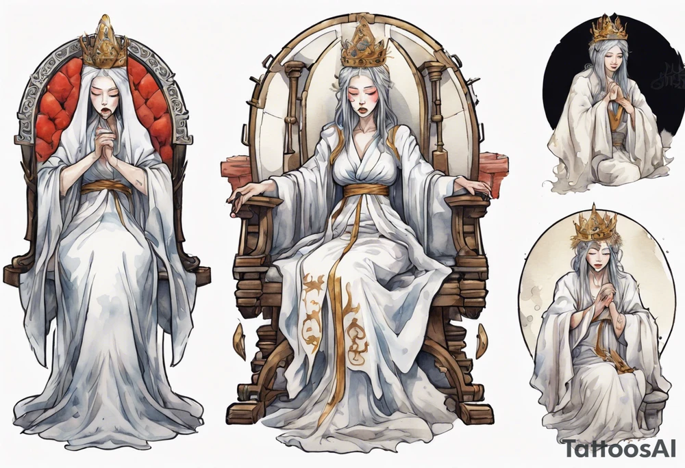 medieval queen dressed in white robes, weeping on throne tattoo idea