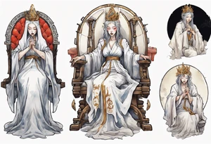 medieval queen dressed in white robes, weeping on throne tattoo idea
