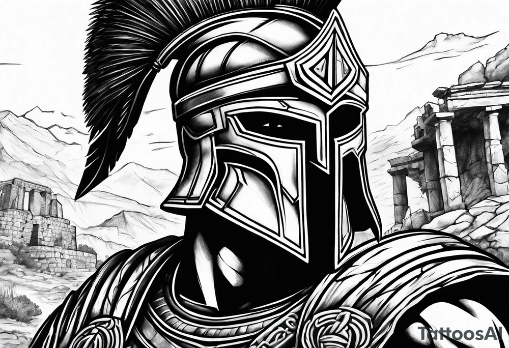 Close up of spartan solider face looking at distant ancient ruins tattoo idea