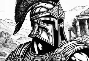 Close up of spartan solider face looking at distant ancient ruins tattoo idea
