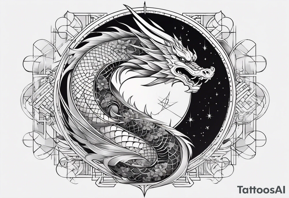 Full sleeve Tatoo that contains these elements 
Katana
Dragon
Samurai
Galaxy
Geometry ( like the golden ratio, lines, etc)
Waves
Sakura tattoo idea