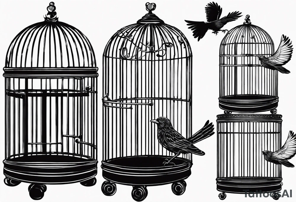 really big bird in a long but too small cage for him. the bird seats in the cage and the wings of the bird passing threw the bars of the cage.
 Add decoration outside the cage like flowers or foliage tattoo idea