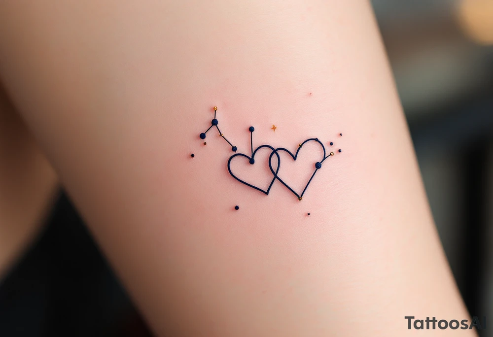 Two fine-line hearts joined by a delicate constellation with gold and navy blue accents.
Placement: Inner forearm, matching for both partners. tattoo idea