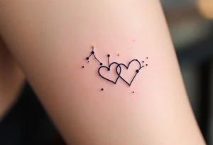Two fine-line hearts joined by a delicate constellation with gold and navy blue accents.
Placement: Inner forearm, matching for both partners. tattoo idea