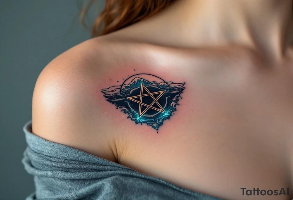 A pentagram submerged in dark water, with tiny waves and glowing bioluminescent blue accents tattoo idea