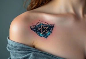 A pentagram submerged in dark water, with tiny waves and glowing bioluminescent blue accents tattoo idea