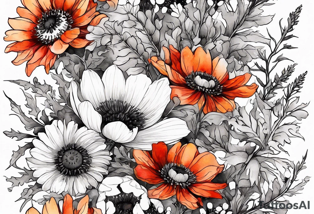 simple wildflowers cascading with thistles, ferns, white anemones, sun flowers, red flowers, black flowers, buttercups, orange flowers, babys breath and daisies all in watercolor tattoo idea