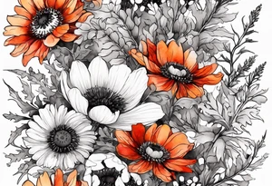 simple wildflowers cascading with thistles, ferns, white anemones, sun flowers, red flowers, black flowers, buttercups, orange flowers, babys breath and daisies all in watercolor tattoo idea