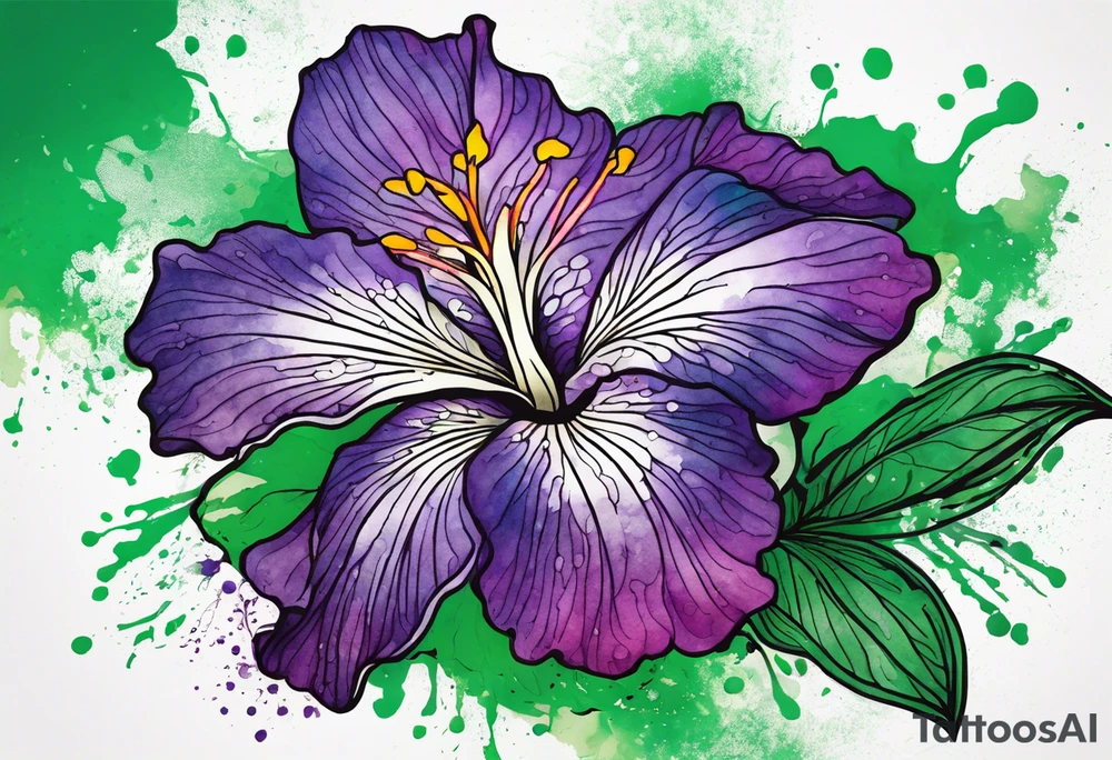 A mystical outline of a rio dipladenia flower and a green/purple watercolor splatter in the background tattoo idea
