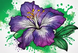 A mystical outline of a rio dipladenia flower and a green/purple watercolor splatter in the background tattoo idea