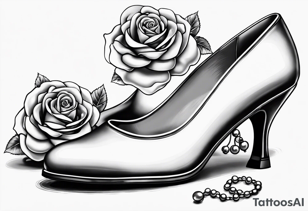Pearl necklace wrapped around 1950s pinup pumps with roses surrounding tattoo idea
