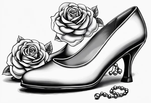 Pearl necklace wrapped around 1950s pinup pumps with roses surrounding tattoo idea