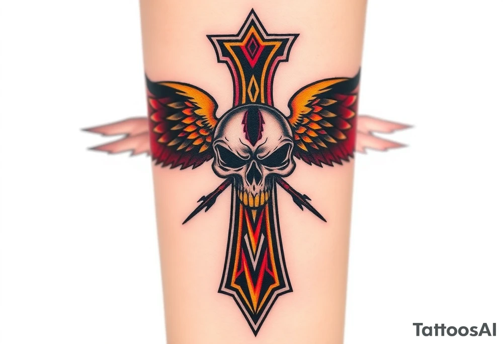 A gothic-style Metallica cross, adorned with sharp edges and dark winged skulls, glowing with fiery gold and dark blood-red shades tattoo idea