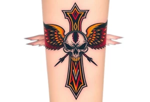 A gothic-style Metallica cross, adorned with sharp edges and dark winged skulls, glowing with fiery gold and dark blood-red shades tattoo idea