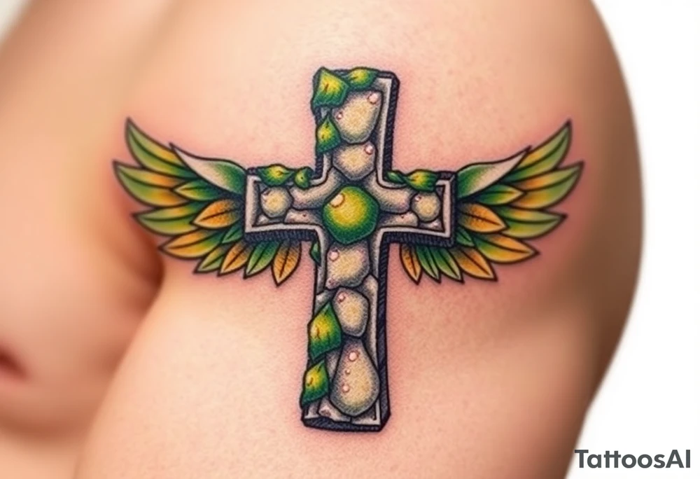 A moss-covered stone cross, with soft green and gold wings resembling leaves in autumn tattoo idea