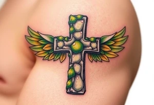 A moss-covered stone cross, with soft green and gold wings resembling leaves in autumn tattoo idea