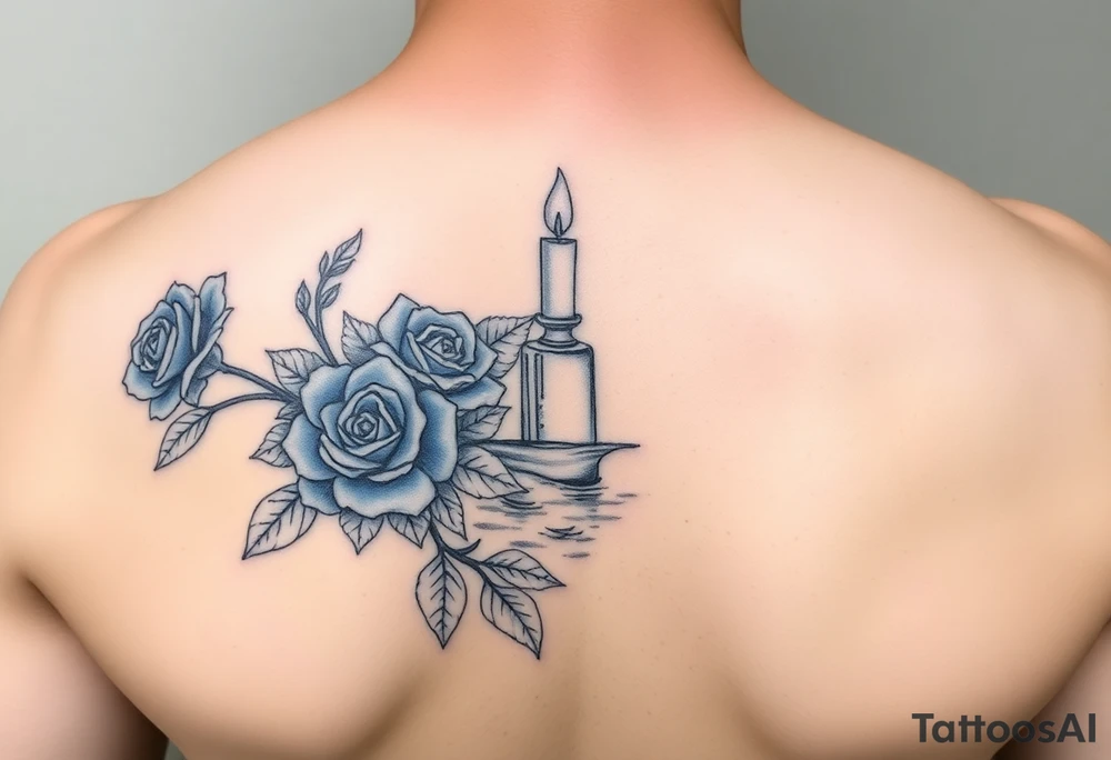 Blue roses and candles, water, fish tattoo idea