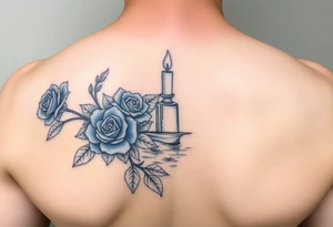 Blue roses and candles, water, fish tattoo idea
