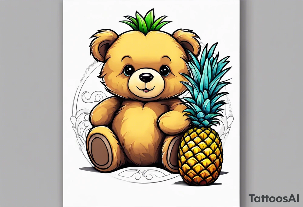 Teddy bear hugging a pineapple tattoo idea