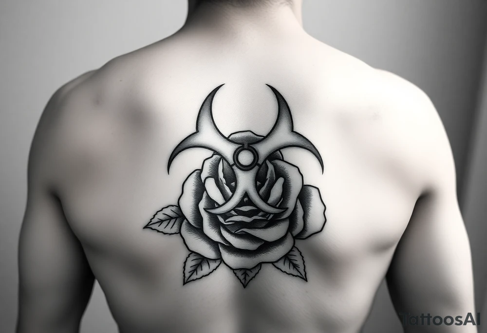 biohazard symbol on top of the old school style rose . tattoo idea