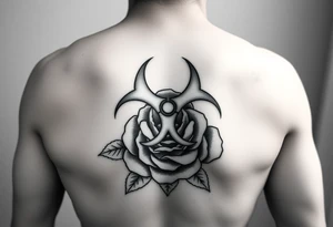 biohazard symbol on top of the old school style rose . tattoo idea