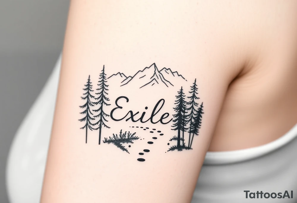 A path in the woods with mountains in the background. The word "Exile" blended in the drawing tattoo idea