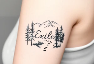 A path in the woods with mountains in the background. The word "Exile" blended in the drawing tattoo idea