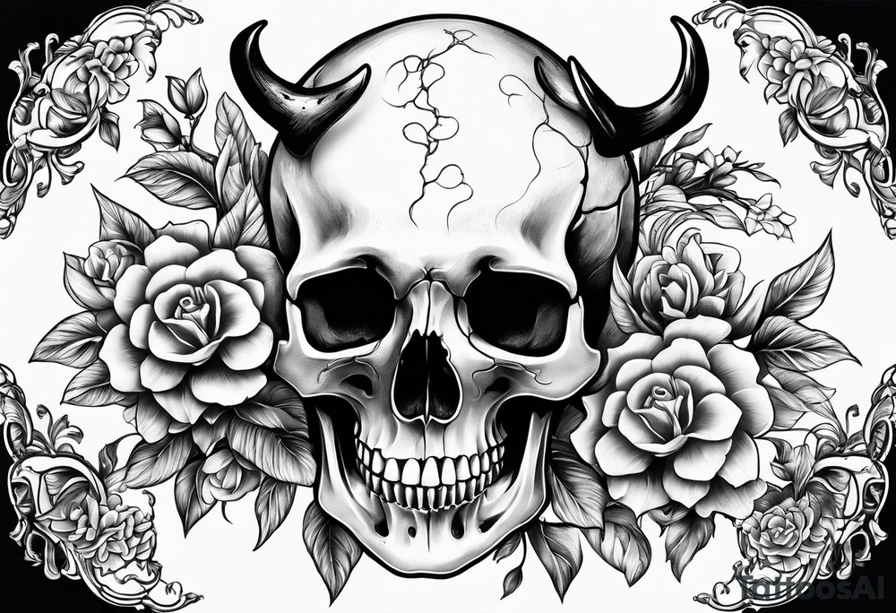 roller coaster track going around human skull, a deer skull, and flowers tattoo idea