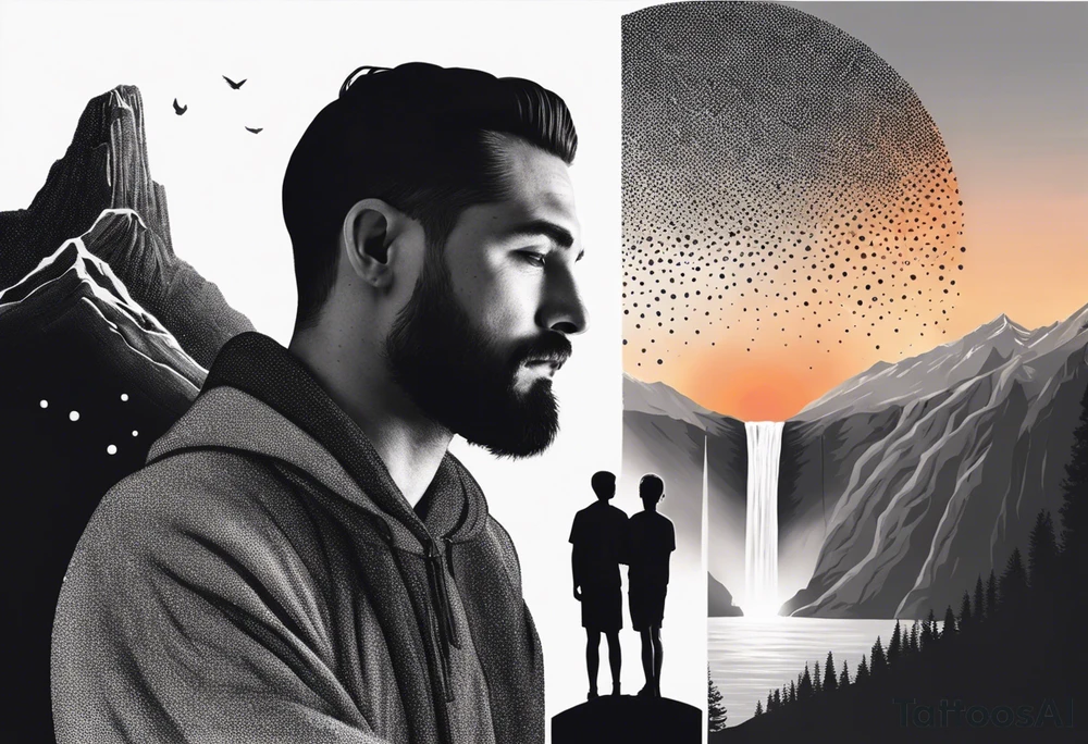 a father and son in the mountains with  a waterfall and cross in the background and a sunset tattoo idea