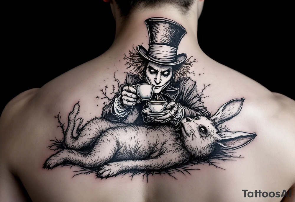 The mad hatter pouring tea on the dead rabbit tattoo idea