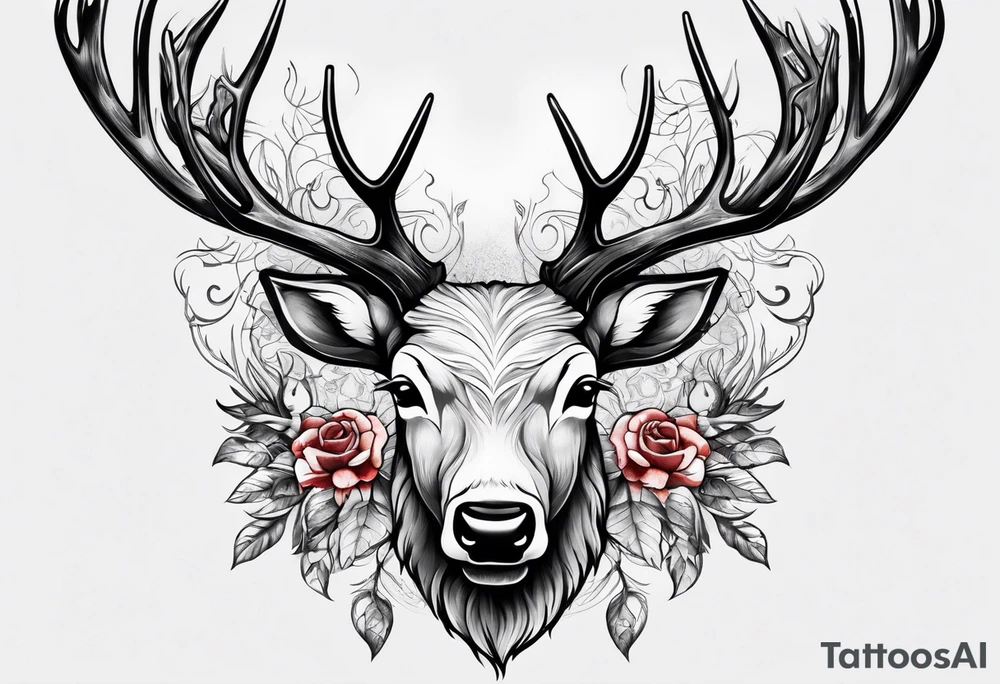 back tattoo of a front view reindeer with half the face as a skull tattoo idea