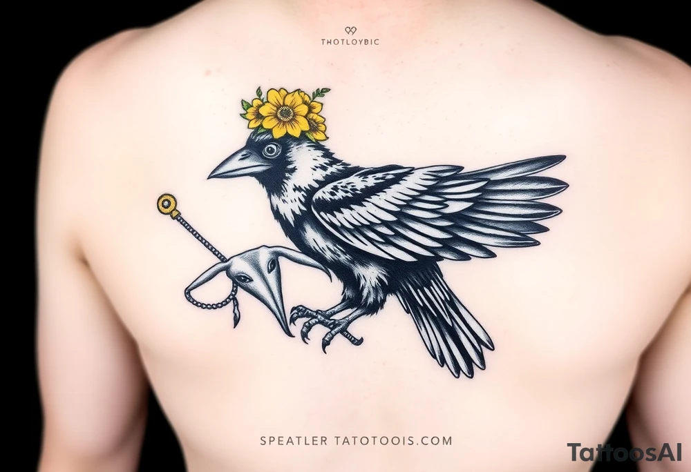 Crow with yellow flower crown, carrying a wand and uterus ripped out in its claws tattoo idea
