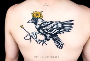 Crow with yellow flower crown, carrying a wand and uterus ripped out in its claws tattoo idea