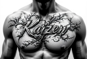 Chest tattoo with the word and drawing Kaizen tattoo idea